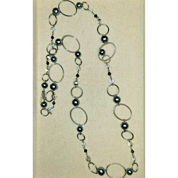 Smokey Pearl AB Crystals Silver tone Oval Link Long Layered Necklace LIA SOPHIA - Picture 4 of 8